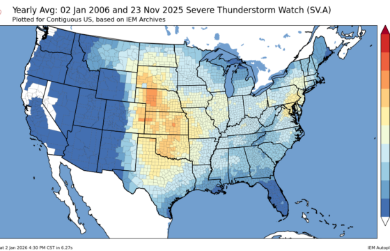 Yearly avg Severe Thunderstorm Watches CONUS