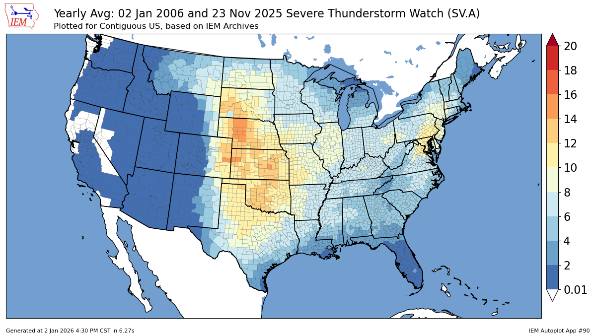 Yearly avg Severe Thunderstorm Watches CONUS