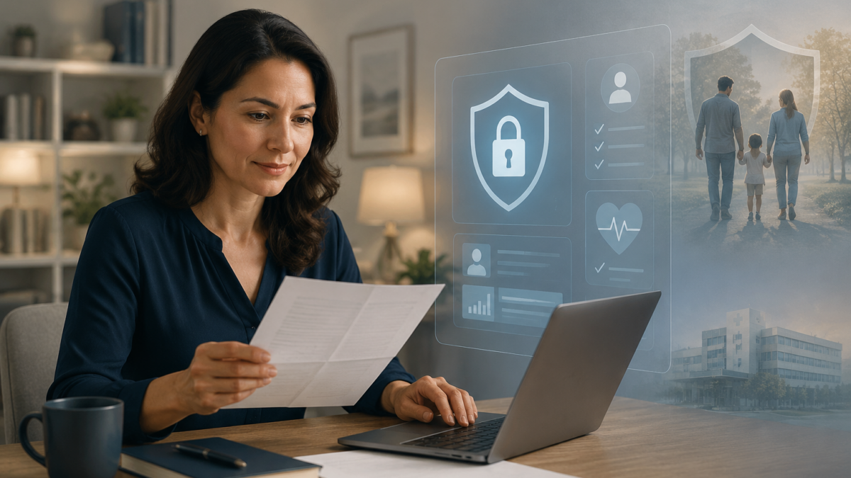 Editorial illustration of AI-assisted life and health insurance workflows