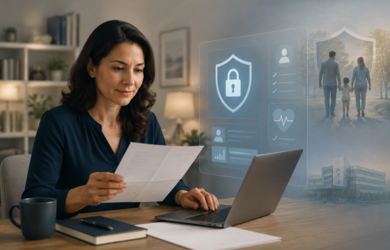 Editorial illustration of AI-assisted life and health insurance workflows