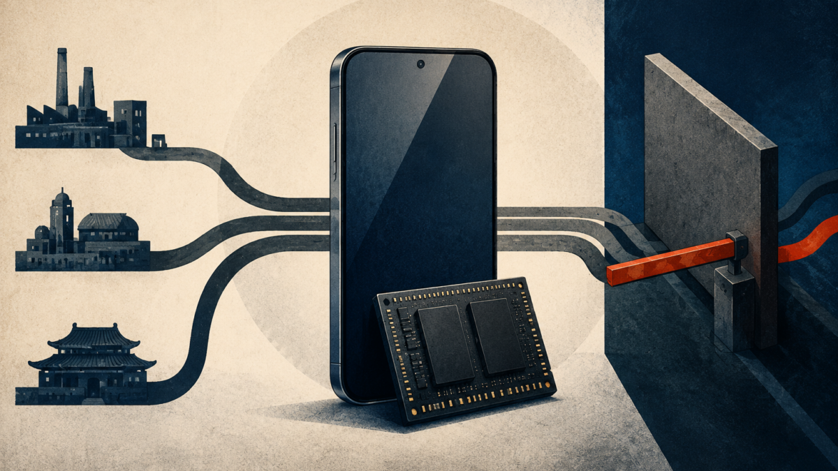 Editorial illustration of smartphone memory supply routes meeting a policy barrier
