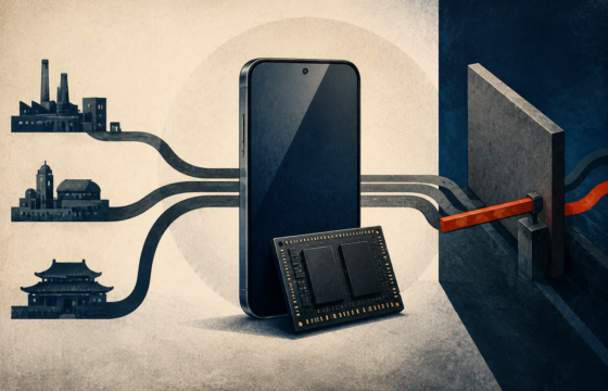Editorial illustration of smartphone memory supply routes meeting a policy barrier