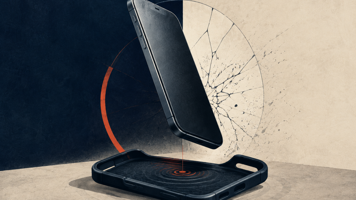 Editorial illustration of a smartphone, protective case and drop-impact risk