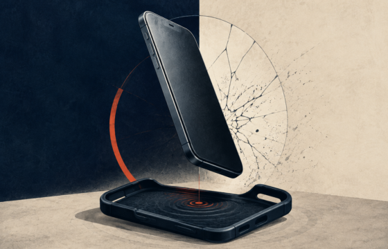 Editorial illustration of a smartphone, protective case and drop-impact risk