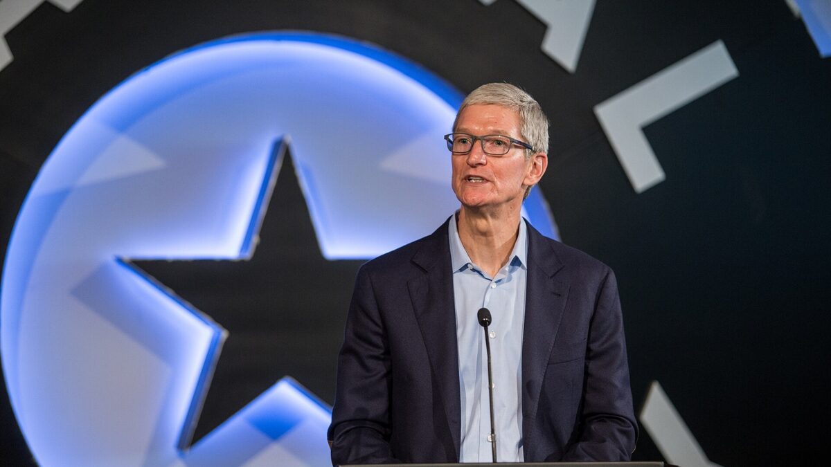 Tim Cook speaking at a technology event in 2017