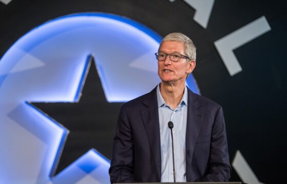 Tim Cook speaking at a technology event in 2017